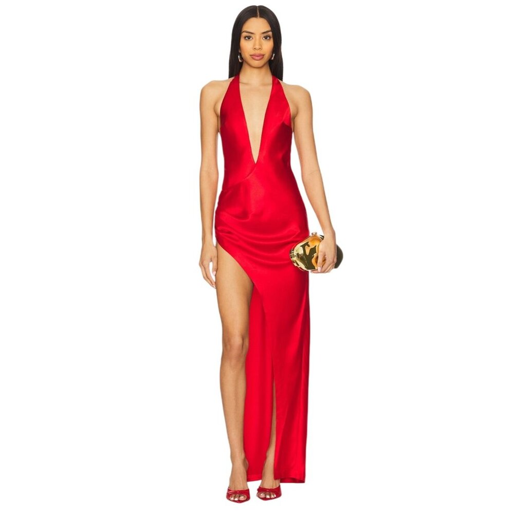 Retrofete Red Satin Halter Maxi Dress
